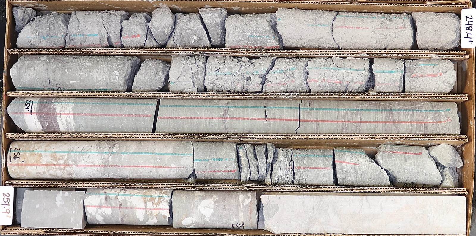 Broken drill core in a core box